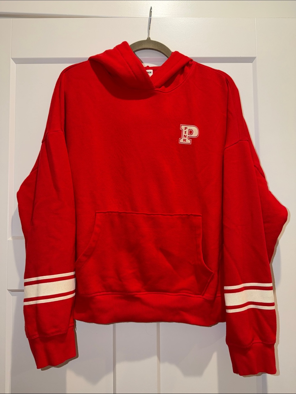 PINK Victoria's Secret Red Crewneck Hoodie with White Sleeve Stripes